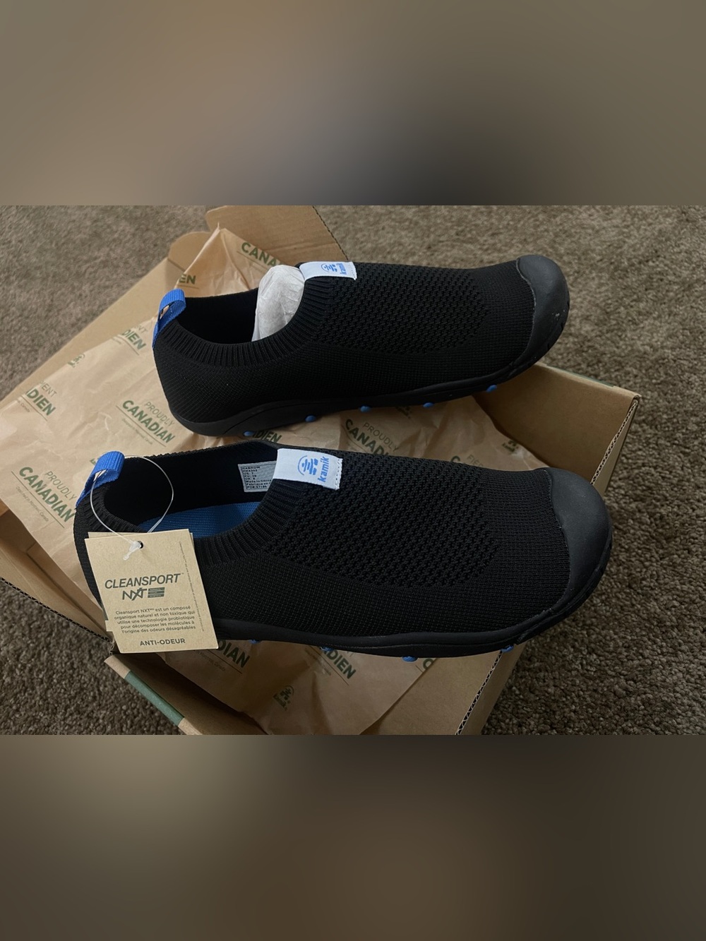 Kamik Black Slip-On Knit Loafers with Blue Pull Tabs water shoes